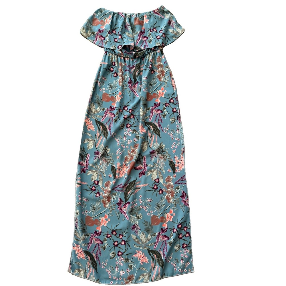 Strapless Maxi Dress Women's Small Dusty Blue Pink Floral Coastal Travel Wedding